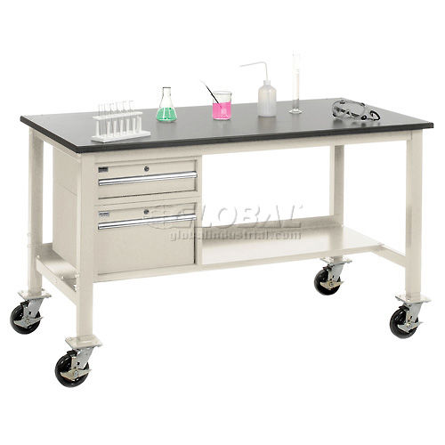 Laboratory Work Bench Mobile 72"W X 30"D Mobile Phenolic Resin Safety Edge Lab Bench Tan