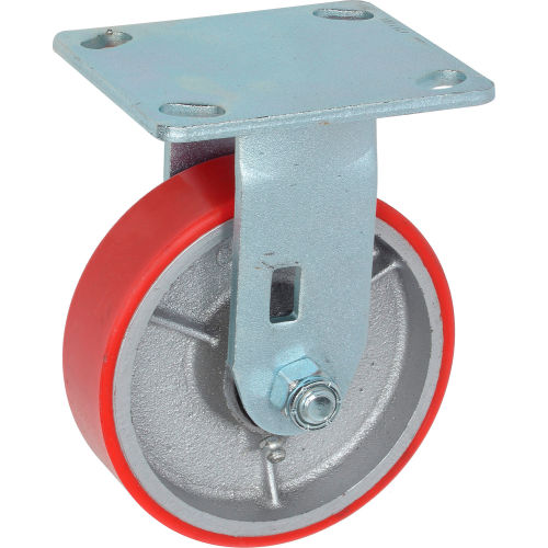 Rigid Plate Caster with Red Poly on Steel 5" x 2" Wheel and 6-1/2" Height 