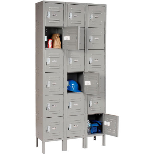 Six Tier Locker 6 feet high 3 Wide Unit with 18 Openings Louvered Doors 12W x 12D x 78H Unassembled Gray Metal Box Locker Perfect as a School Locker Gym Locker or Lockers for Employees