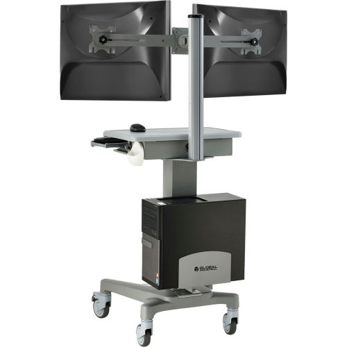 Mobile Sit-Stand Computer Workstation With Dual Monitor Mount, Gray