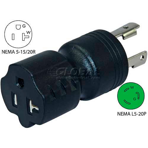 Black Conntek 30123-BK L5-20P to 5-15/20R 20 Amp 125V Generator Plug Adapter 