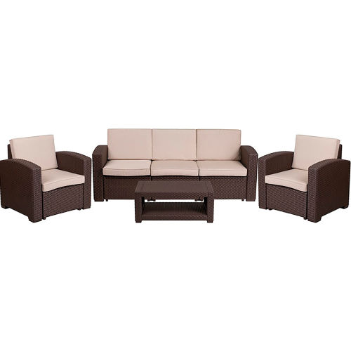 Outdoor Furniture Equipment Patio Furniture Sets Flash Furniture 4 Piece Outdoor Patio Sofa Set Faux Rattan Chocolate Brown With Beige Cushions B2263451 Globalindustrial Com