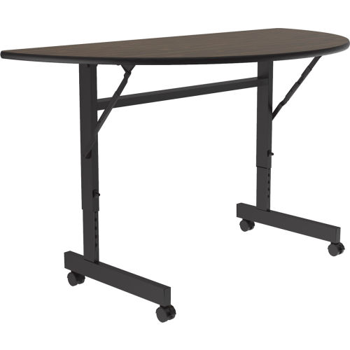 Walnut Melamine Half Round Top 24 x 48 Correll FT2448MR-01 EconoLine Flip Top Table Adjustable Height