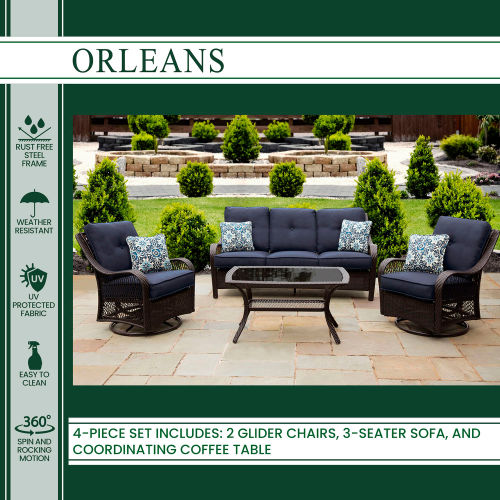 Hanover Orleans 4 Piece All Weather Patio Set Navy Blue French Roast B2175099 Globalindustrial Com Hanover Orleans 4 Piece All Weather, Hanover Outdoor Furniture Orleans 4 Piece Wicker Patio Conversation Set
