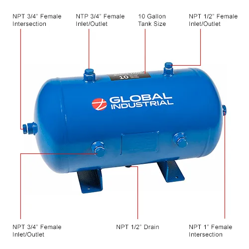 Global Industrial Air Receiver Surge Tank, 10 Gallon, 175 PSI