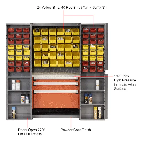 Global Industrial™ Bin Cabinet Deep Door, 96 YL Bins, Shelves, 16 Ga  Assembled Cabinet 38x24x72