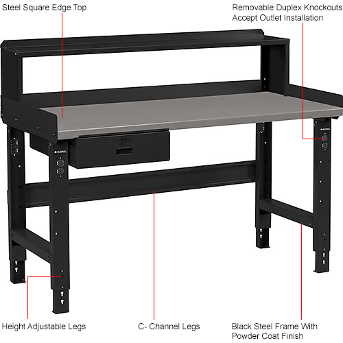 Global Industrial™ 60 x 30 Adj Height Workbench w/Drawer&Riser, Black ...