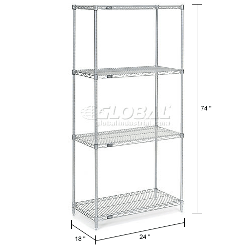 Nexel® Chrome, 4 Tier, Wire Shelving Starter Unit, 24"W x 18"D x 74"H