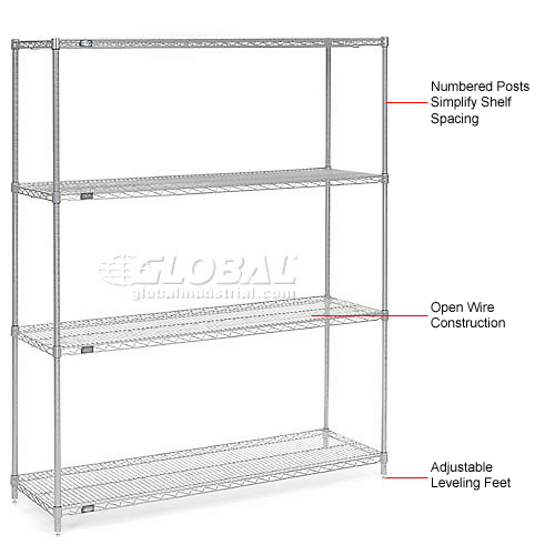 Nexel® Chrome, 4 Tier, Wire Shelving Starter Unit, 60"W x 14"D x 86"H