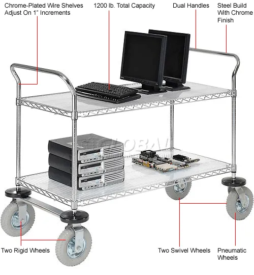 Nexel Adjustable Chrome Wire Shelf Cart w/2 Shelves, 800 Ib. Capacity