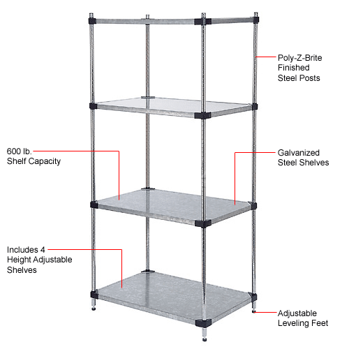 Nexel® Galvanized Steel, 4 Tier, Solid Shelving Starter Unit, 36"Wx24"Dx63"H