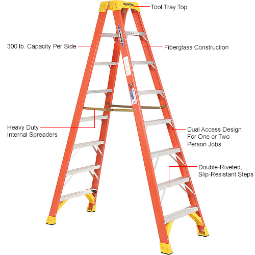 Werner 8' Dual Access Fiberglass Step Ladder 300 lb. Cap - T6208