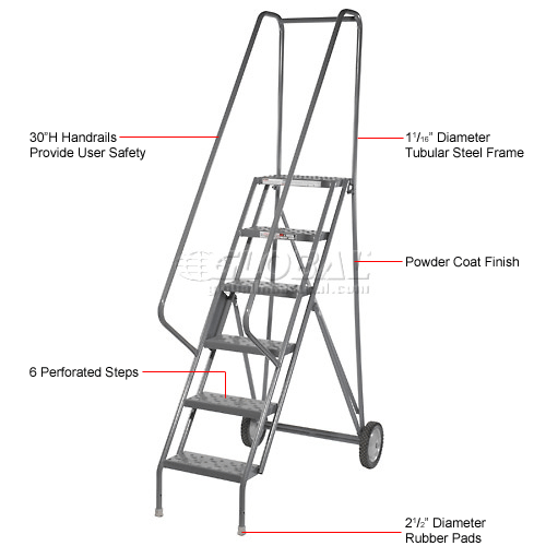 6 Step All-Terrain Rolling Steel Ladder - Perforated Tread - 450 Lbs ...