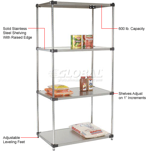 Nexel® Solid Stainless Steel, 4 Tier, Starter Unit, 36"W x 24"D x 74"H