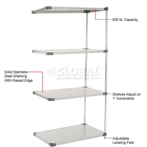 Nexel® Solid Stainless Steel, 4 Tier, AddOn Unit, 48"W x 24"D x 74"H