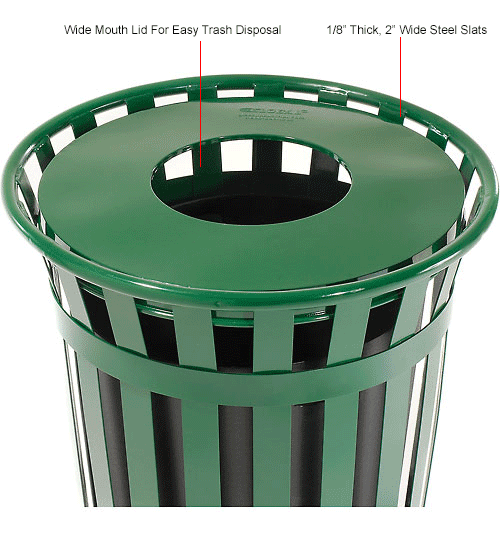 Global Industrial™ Outdoor Slatted Steel Trash Can With Liner, 36 Gallon, Green 237726GN