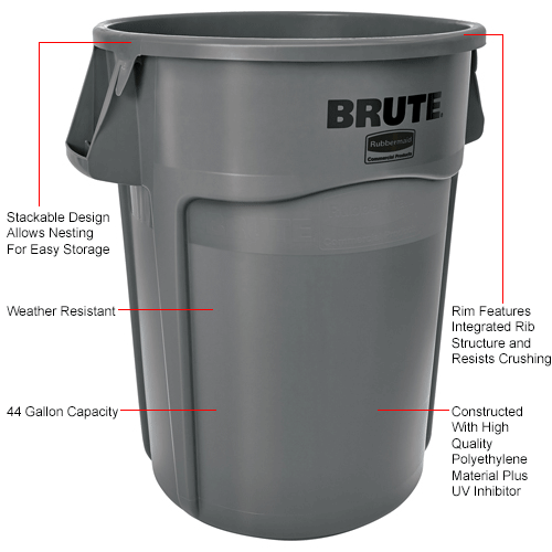 Round Rubbermaid Brute 44 Gallon Trash Container, Gray
																			