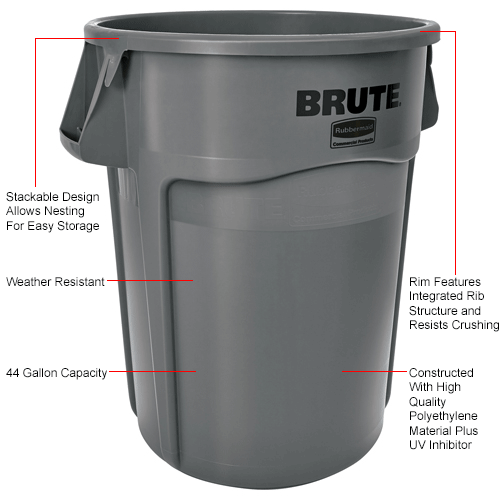 Round Rubbermaid Brute 44 Gallon Trash Container, Gray