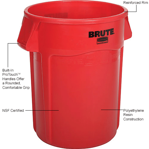 Rubbermaid Brute Vented Trash Receptacle Round 44 Gal Red