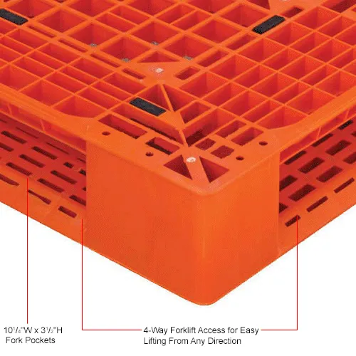 PLASTIC PALLETS & SKIDS, Red, Uniformed supported weight Cap. (lbs.) Floor  (Static) / Floor (Dynamic) / Unsupported Pallet Rack: 6600 / 2200 / 0, Fork