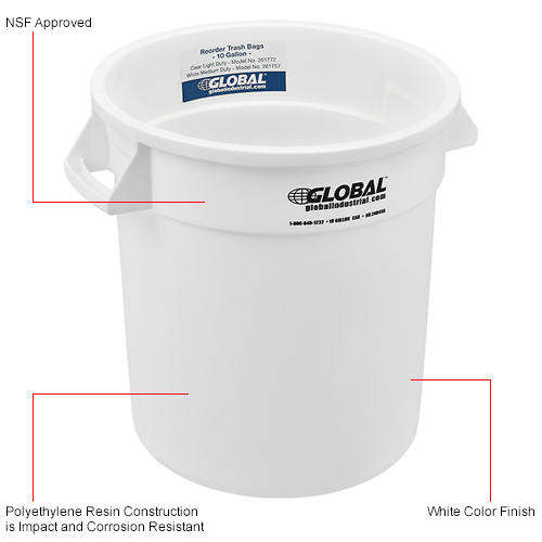Global Industrial&#153; Plastic Trash Container, Garbage Can - 10 Gallon White