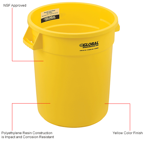 Global Industrial™ Plastic Trash Can 20 Gallon Yellow 