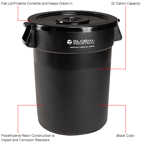 Global Industrial™ Plastic Trash Can With Lid 32 Gallon Black 