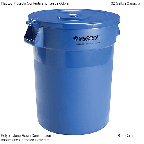 Global Industrial™ Plastic Trash Can with Lid 32 Gallon Blue