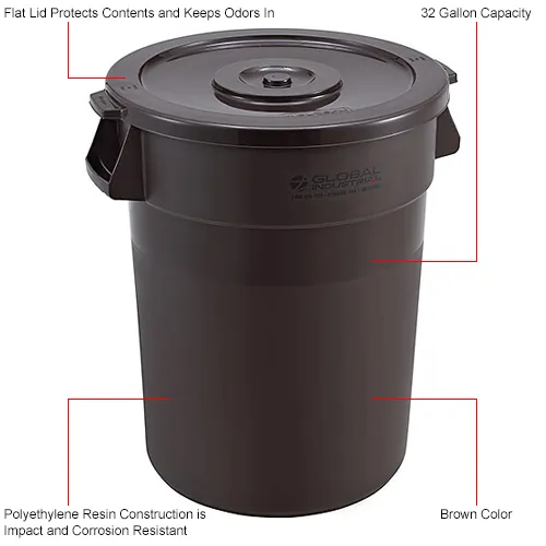 Global Industrial™ Plastic Trash Can with Lid - 32 Gallon Brown