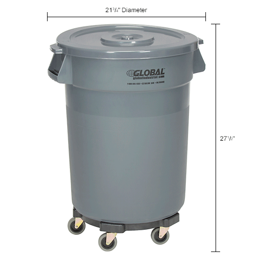 Global Industrial™ Plastic Trash Can With Lid And Dolly 32 Gallon Gray 