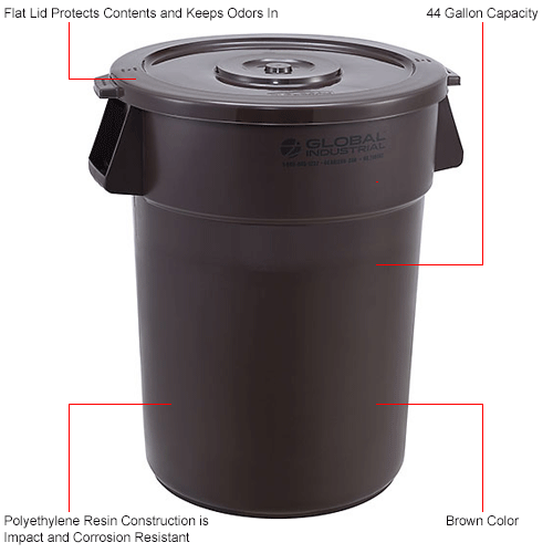 Global Industrial™ Plastic Trash Can with Lid 44 Gallon Brown