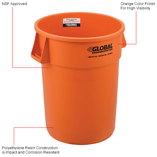 Global Industrial™ Plastic Trash Can 44 Gallon Bright Orange 