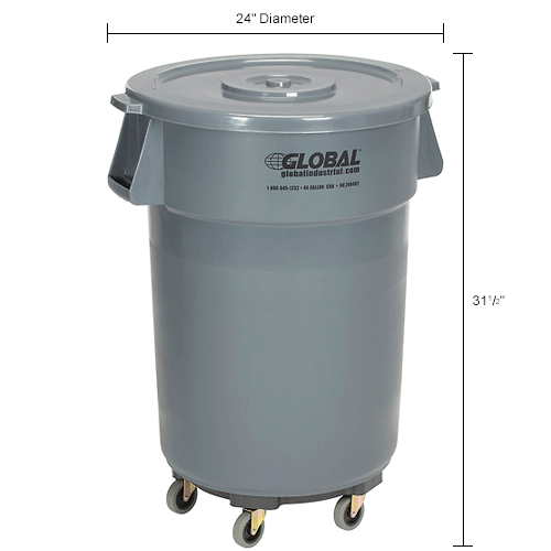 Global Industrial™ Plastic Trash Can with Lid & Dolly 44 Gallon Gray