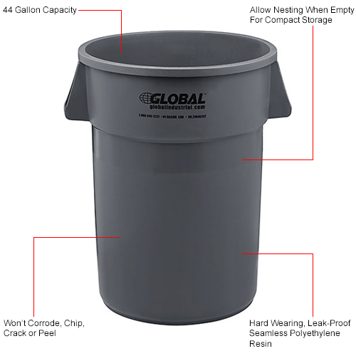 Global Industrial&#153; Plastic Trash Container, Garbage Can  - 44 Gallon Gray