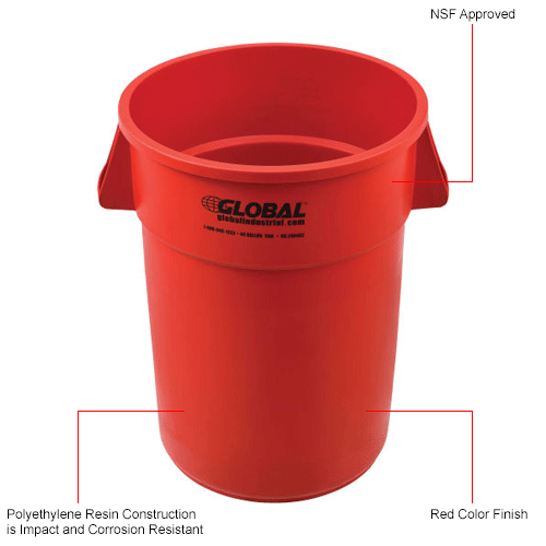 Global Industrial&#153; Plastic Trash Container, Garbage Can - 44 Gallon Red