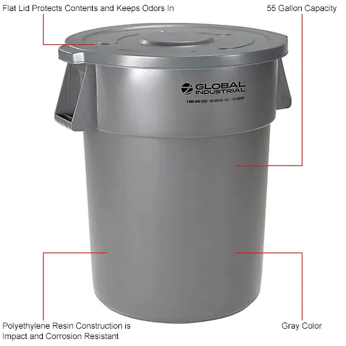 Global Industrial™ Plastic Trash Can, Gray, 55 Gallon