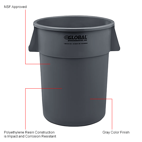 Global Industrial™ Plastic Trash Can, Gray, 55 Gallon 240464GY