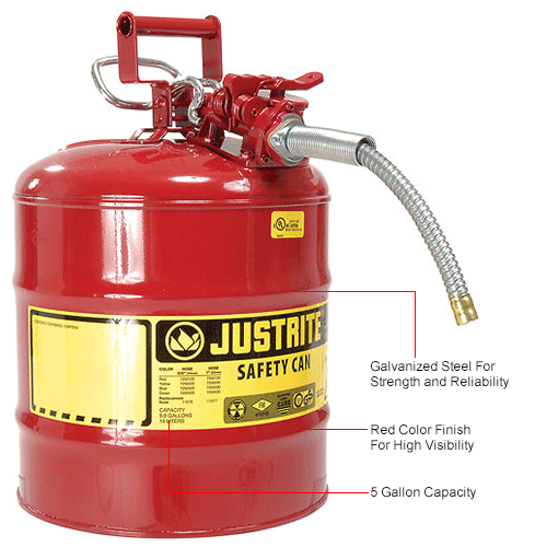 Justrite 7250120 Type II AccuFlow 5 Gallon Gasoline Safety Can for sale online 
