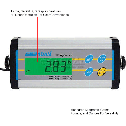 220V Adam Equipment Co Ltd 1224D87EA Adam Equipment CPWplus 75 220V Bench Scale 165 lb./75 kg Capacity x 0.05 lb./20 g Readability 220V Adam Equipment Co Ltd 1224D87EA Adam Equipment CPWplus 75 220V Bench Scale 165 lb./75 kg Capacity x 0.05 lb./20 g Readability