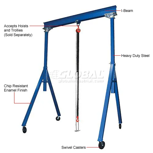Adjustable Height Steel Gantry Crane, 10'W x 8' 3-12'9H, 6000 Lb