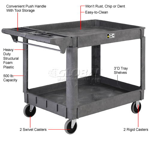 500 lb Capacity Plastic 2 Flat Black Shelf Details about   Industrial Service & Utility Cart 