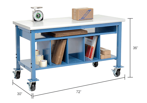Mobile Packaging Workbench Plastic Safety Edge - 72 x 30 with Lower Shelf Kit
