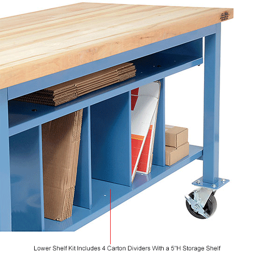 Mobile Packaging Workbench Maple Butcher Block Square Edge - 72 x 30 with Lower Shelf Kit
