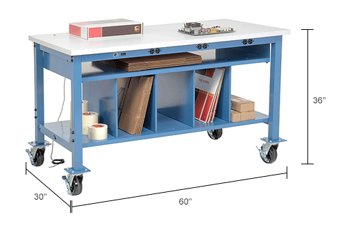 Mobile Electronic Packaging Workbench ESD Square Edge - 60 x 30 w/Lower Shelf Kit
