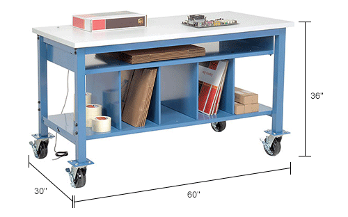Mobile Packaging Workbench ESD Square Edge - 60 x 30 with Lower Shelf Kit