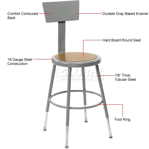 Interion Steel Shop Stool w Backrest and Hardboard Seat