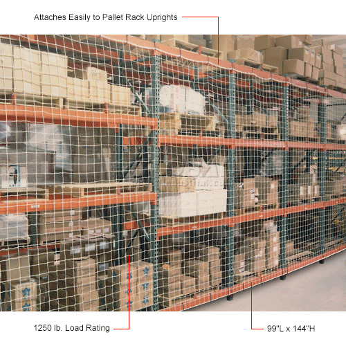 Pallet Rack Netting One Bay, 99"W x 144"H, 1-3/4" Sq. Mesh, 1250 lb Rating
																			