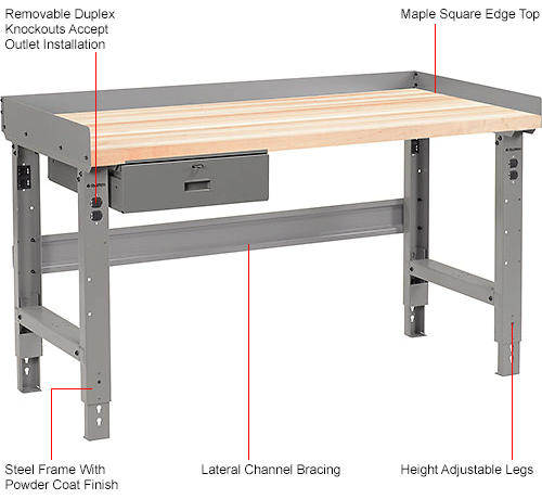 Global Industrial&#153; 60 x 30 Adj Height Workbench w/Drawer, Maple Square Edge Top - Gray