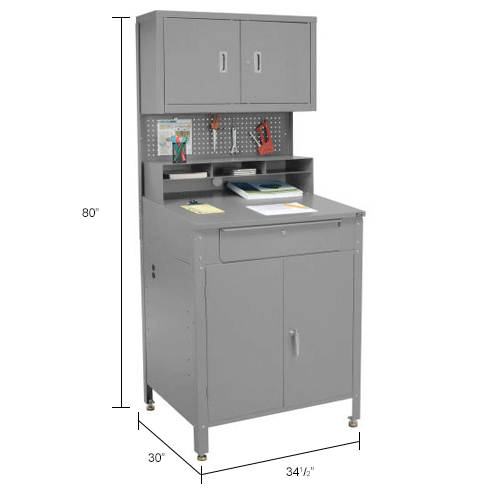 Shop Desk w Lower Cabinet and Pigeonhole Compartments w Upper Cabinet 34-1/2"W x 30"D x 80"H - GY