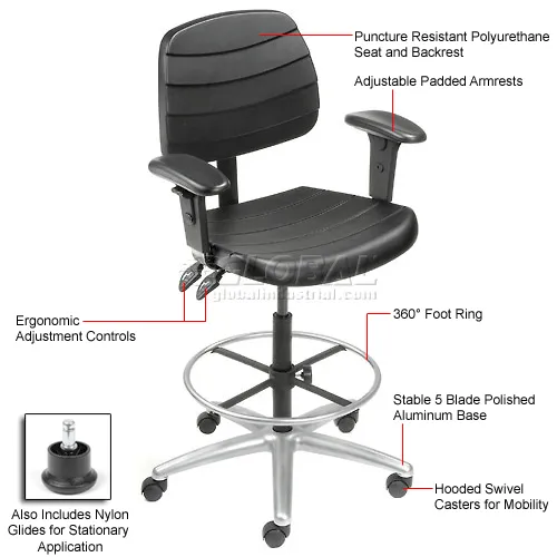 Interion® Shop Stool with Arms - Polyurethane - 6 Way Adjustable